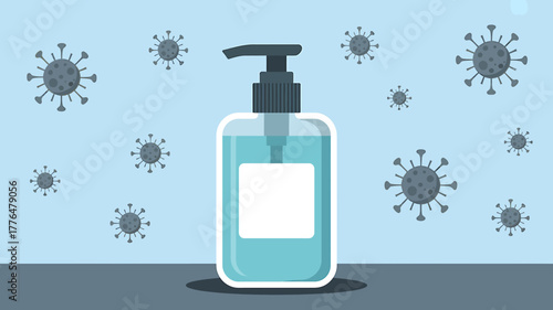 Hand sanitizer bottle illustration surrounded by virus particles against light blue background promoting hygiene and protection for health and wellness concept