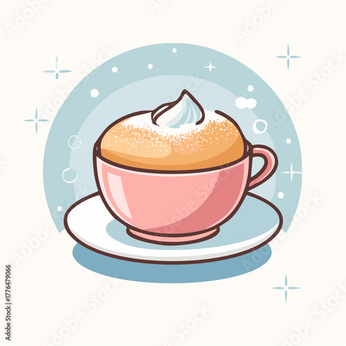 Delicate Pixel Art Souffle in a Pink Cup with Whipped Cream and Powdered Sugar A Sweet Treat with a Soft Blue Background and Sparkles