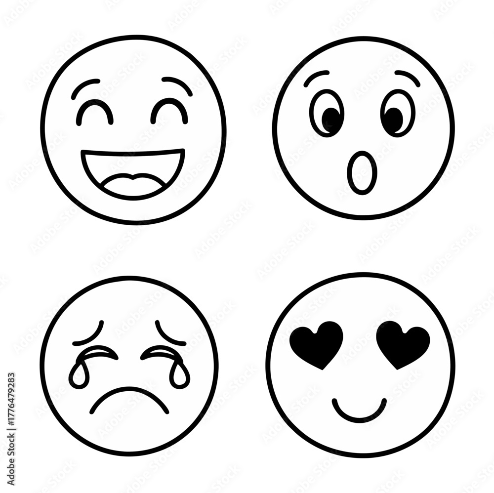 Fototapeta premium Four Simple Black and White Emoji Faces Expressing Different Emotions.