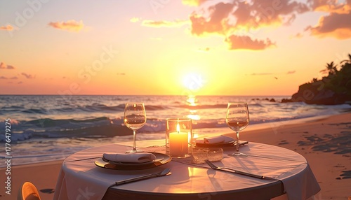 Romantic beachside dinner setting for two with wine glasses and candle at sunset with ocean waves and tropical foliage in the background