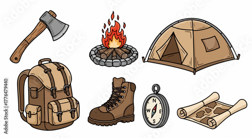 Camping gear icons set with transparent background