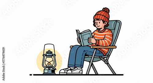 Person reading book by lantern light outdoors