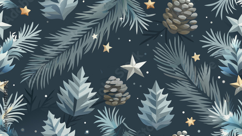Vector illustration of a serene winter background featuring lush grey pine branches adorned with cone, white stars and delicate snowflakes on a deep dark grey backdrop