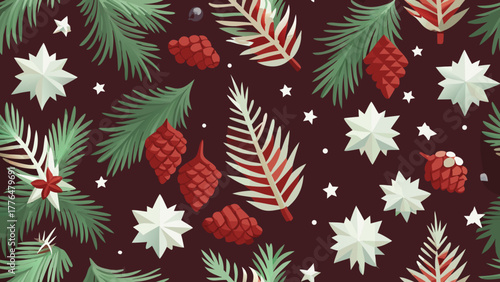 Vector illustration of a serene winter background featuring lush  pine branches adorned red with cone, white stars and delicate white snowflakes on a deep dark red backdrop