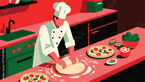 Illustration Vector Person Making A Perfect Homemade Pizza, Kneading The Dough On A Flour-Dusted Counter With Fresh Toppings Vector Design Template