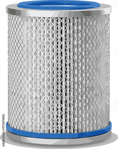 Metal mesh filter, cylindrical air filter, industrial component, blue end caps, cad drawing flat vector illustration, filtration system, mechanical part