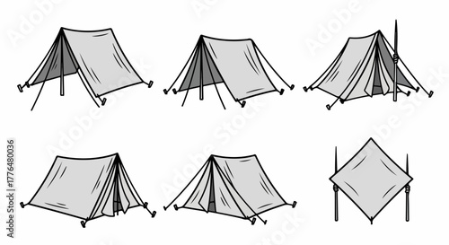 Camping tent stages setup process with transparent background