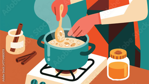 Illustration Vector Person Making Their Own Homemade Oatmeal In A Pot On The Stove, With Cinnamon And Honey Jars Visible Vector Design Template
