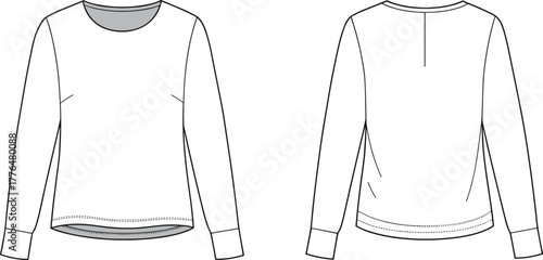 Long sleeve shirt technical sketch, fashion flat drawing, front and back view, apparel design, vector template, garment illustration, clothing mockup