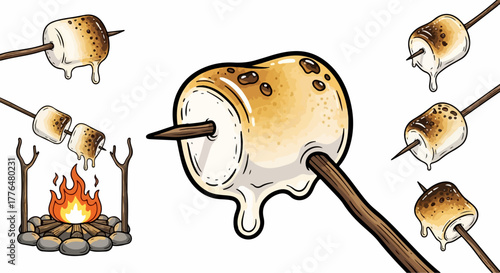 Roasted marshmallows on sticks over campfire