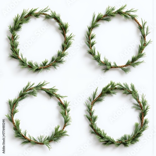 Set of 4 festive christmas thin round wreath with green needles minimalist decor for winter holiday decorations cut and isolated on a transparent background png garlands decoration holiday isolated
