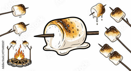 Roasted marshmallows on sticks with campfire