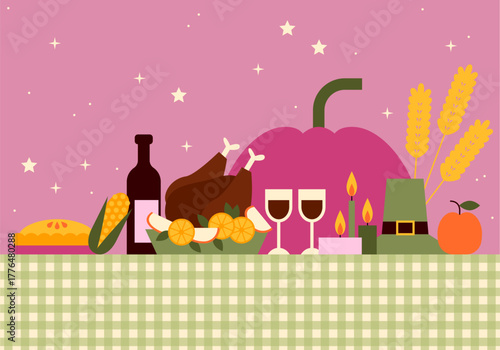 A table set for Thanksgiving dinner with a roasted turkey, stuffing, and all the fixings. Festive holiday dinner. Thanksgiving dinner with roasted turkey and pies