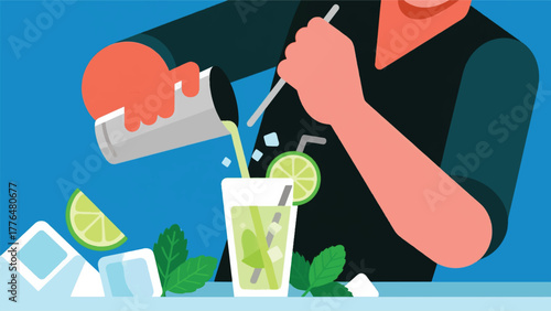 Illustration Vector Person Mixing Cocktails With Flair, Using A Shaker And Specific Ingredients Vector Design Template