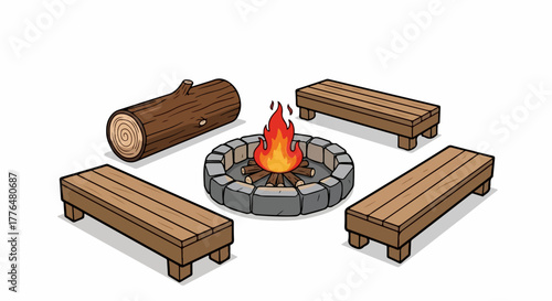 Campfire with benches and log outdoors