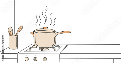 Minimal kitchen stove, boiling pot, steam rising, cooking utensils, clean countertop, modern line art, CAD drawing flat vector illustration
