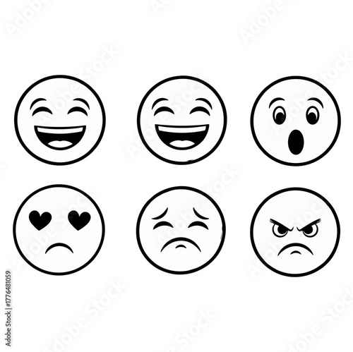Six Diverse Outline Emoji Faces Expressing Various Emotions and Reactions.