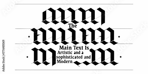 Elegant gothic letter m design with artistic sophisticated modern text and decorative lines