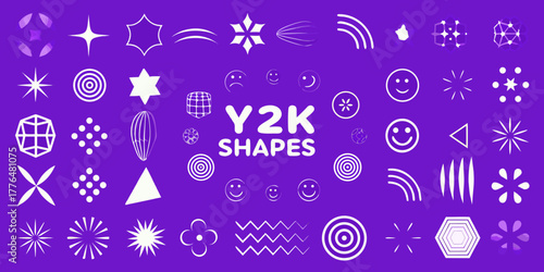 Collection of y2k style white graphic elements and shapes on a vibrant purple background