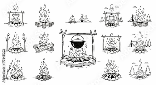 Campfire scenes with cooking pots and tents