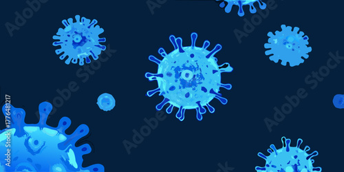 Abstract blue virus particles floating in dark blue background science illustration
