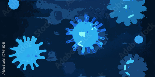 Abstract illustration of blue virus particles floating in a dark blue background with textured elements