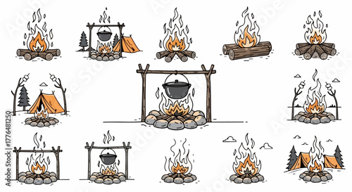 Campfire scenes with cooking pots and tents