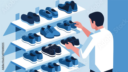 Illustration Vector Person Neatly Arranging Their Shoes On A Multi-Tiered Shoe Rack, Emphasizing The Organized Collection Vector Design Template
