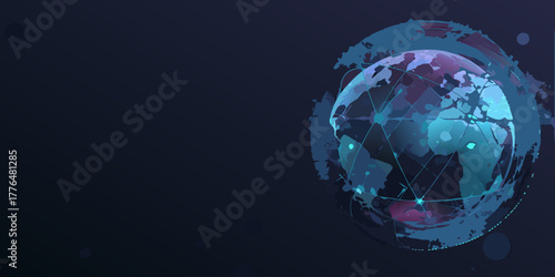 Abstract digital globe with glowing connections and network lines on a dark background