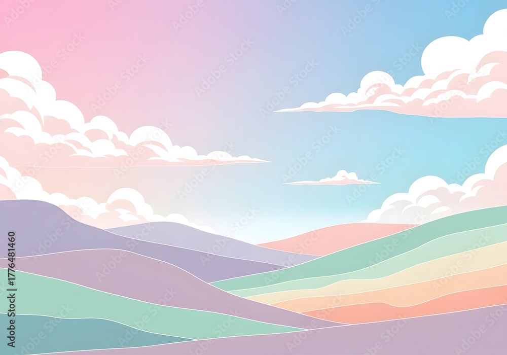 Obraz premium Pastel Dreamscape Tranquil Horizon Serene Mountains Colorful Sky Fluffy Clouds Peaceful Vista Art Illustration