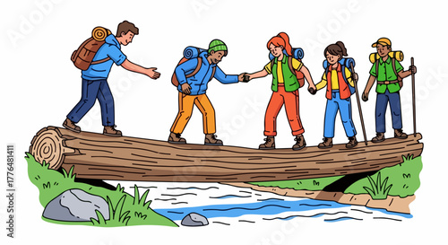 Hikers crossing log over stream teamwork friendship