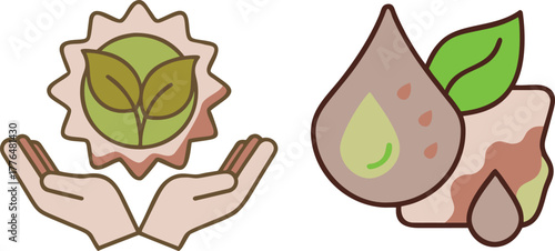 Two icons representing environmental care and natural resources including hands holding a plant and a drop of liquid with leaves