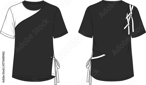 Modern women's fashion top, asymmetrical color block, cut-out back, ribbon strap detail, side ties, stylish short sleeve shirt design