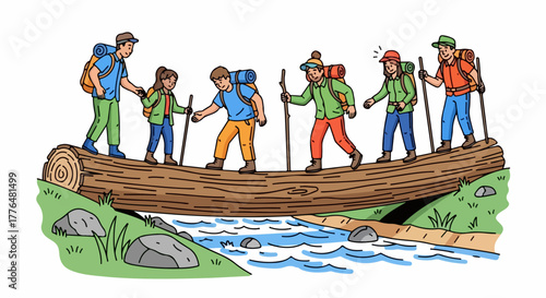 Hikers crossing log over stream in forest