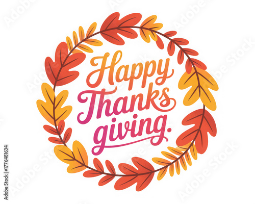 Happy thanksgiving wreath with autumn leaves isolated on transparent background