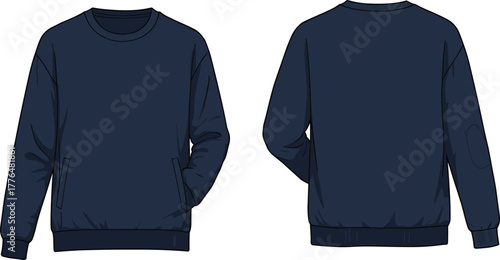 Navy blue crewneck sweatshirt front and back view, casual pullover with side pockets, long sleeves, ribbed cuffs, vector illustration