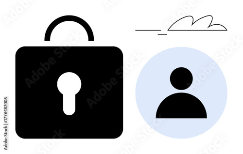 Lock representing security next to a profile icon in a blue circle with a minimal cloud outline. Ideal for cybersecurity, privacy, identity protection, personal data, online security, accounts