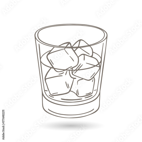 Whiskey glass with ice cubes isolated on white background. Hand drawn illustration.