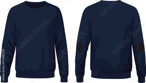 Navy blue crewneck sweatshirt front and back view, casual fashion apparel, long sleeve pullover with elbow patches, isolated illustration