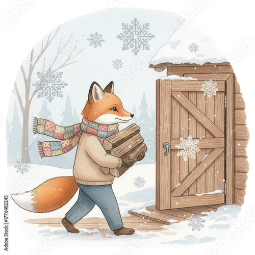 A charming illustrated fox trudges through a snowy winter scene, carrying a stack of firewood toward a wooden shed.  Capturing the essence of winter warmth.