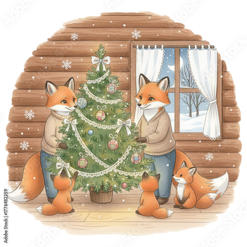 An endearing illustration of a family of foxes creating a cherished Christmas scene, a heartwarming picture of the festive spirit, inside a cozy cabin.