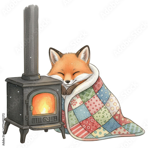 Cozy Fox Comforted by Stove, Wrapped in Quilt, Resting Peacefully in a Warm Setting.
