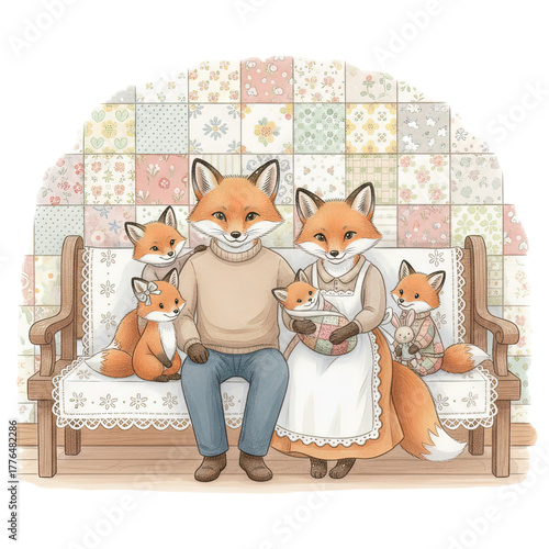 A charming illustration depicting a fox family, showcasing the warmth of familial bonds. A loving family, full of togetherness and affection, a comforting, secure, and intimate scene.