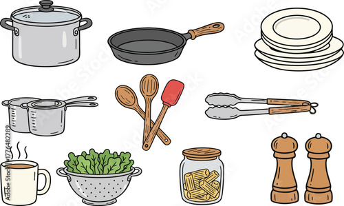 Hand Drawn Kitchen Utensils and Cookware Set — Cooking Tools, Pots, Pans, Plates, and Food Preparation Items Illustration