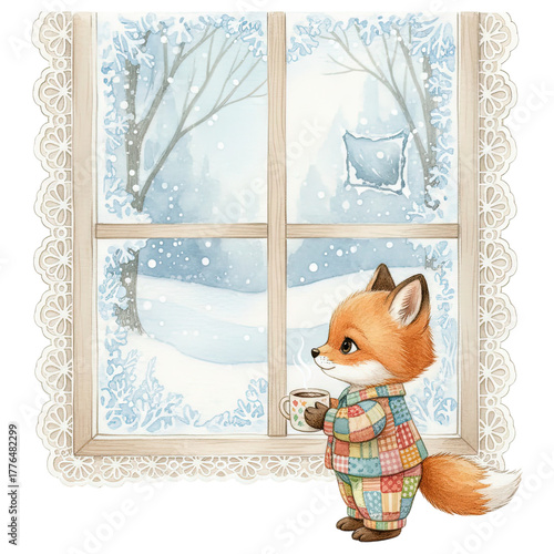A charming illustration captures a cozy winter scene, with a cute fox bundled up, gazing out a window at a snowy landscape, cup in hand, evoking warmth and the serenity of a winter day.