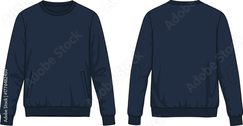 Navy blue crewneck sweatshirt, front and back view, casual fashion, blank apparel template, long sleeve pullover, clothing mockup, retail
