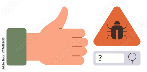 Hand showing thumbs-up sign beside a bug warning in a triangle and search bar. Ideal for cybersecurity, error detection, malware, software testing, debugging, IT concepts, and problem-solving. Clean