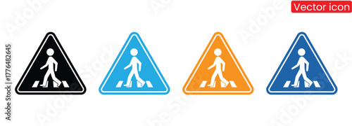Set of pedestrian crossing vector signs. Crosswalk or zebra. Pedestrians traffic road sign. No walking. Area for crossing road.Road safety pedestrian crossing sign collection design,