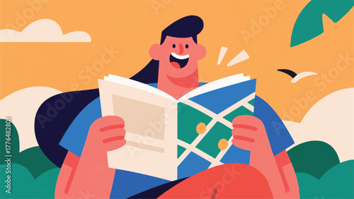 Illustration Vector Person Reading A Travel Guide Or Map, Planning Their Next Adventure With Excited Anticipation Vector Design Template