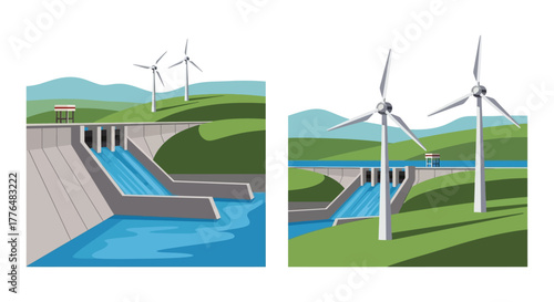 Renewable energy landscape featuring wind turbines and hydroelectric dam structures